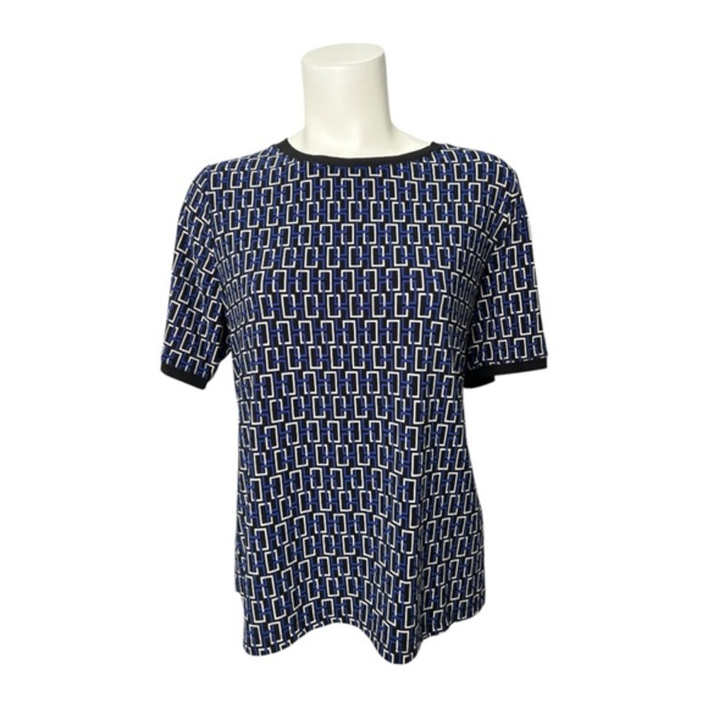 Anne Klein Navy Blue Geometric Print Women's Top Shirt Sleeve Sz Large